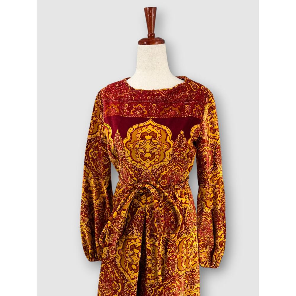 Vintage 60s 70s Medallion Print Mod Gold Burgundy Belted Boho Mini Dress - Picture 7 of 7